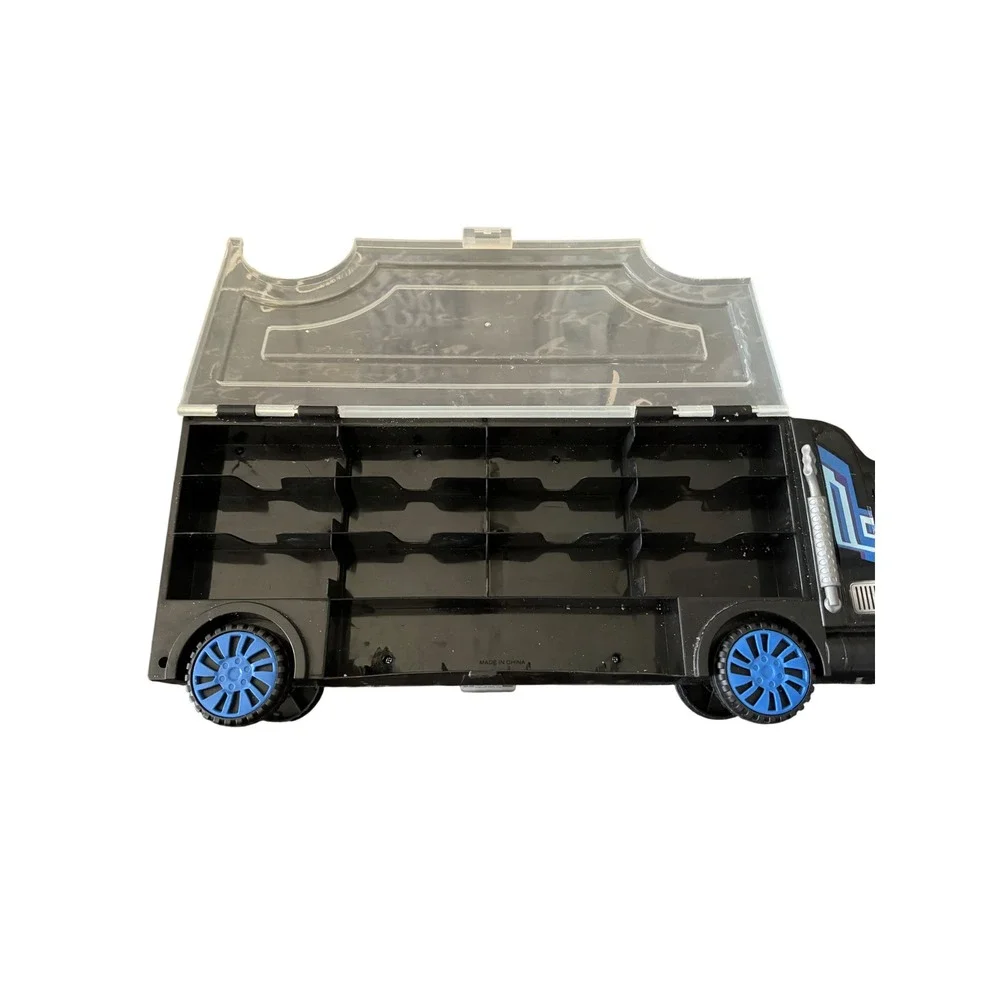 Toy Car Carrier Case Black Semi Truck Storage for Diecast Cars Blue Wheels